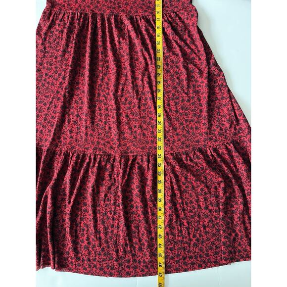 Zara Dainty Floral Dress L Red Black Tiered Cottagecore Raw Hem Boho Maxi Midi - Picture 5 of 9